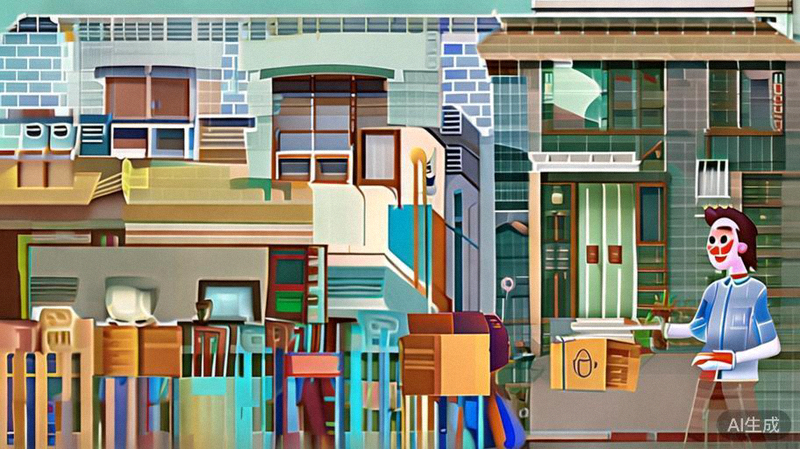 本地快递员正在将包裹递送给面带微笑的消费者，背景是居民住宅区，体现最后一公里配送的终端场景