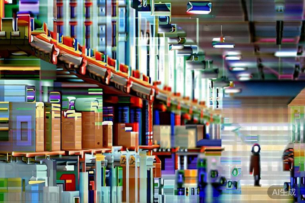 海外仓内部，工作人员正在操作台进行换标或简单加工，货架上存放着已预存的商品