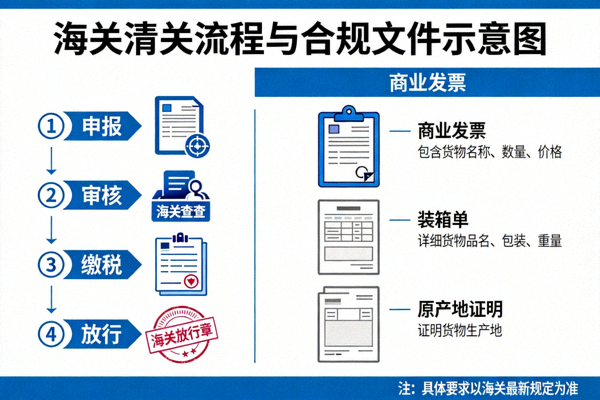 海关清关流程与合规文件示意图，包括商业发票、装箱单、原产地证明等