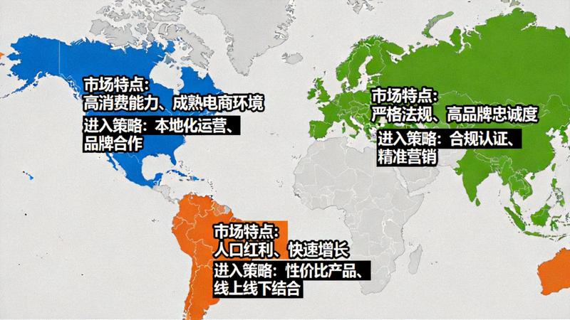全球市场地图，突出显示北美、欧洲、东南亚等不同区域的市场特点与进入策略