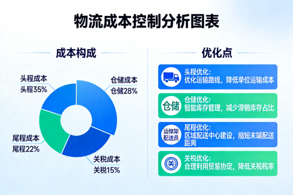 物流成本控制分析图表，展示头程、仓储、尾程及关税等各项成本构成与优化点