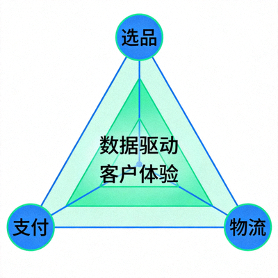 品牌出海运营铁三角模型图：选品、支付、物流三个顶点相互连接，中心是‘数据驱动’与‘客户体验’